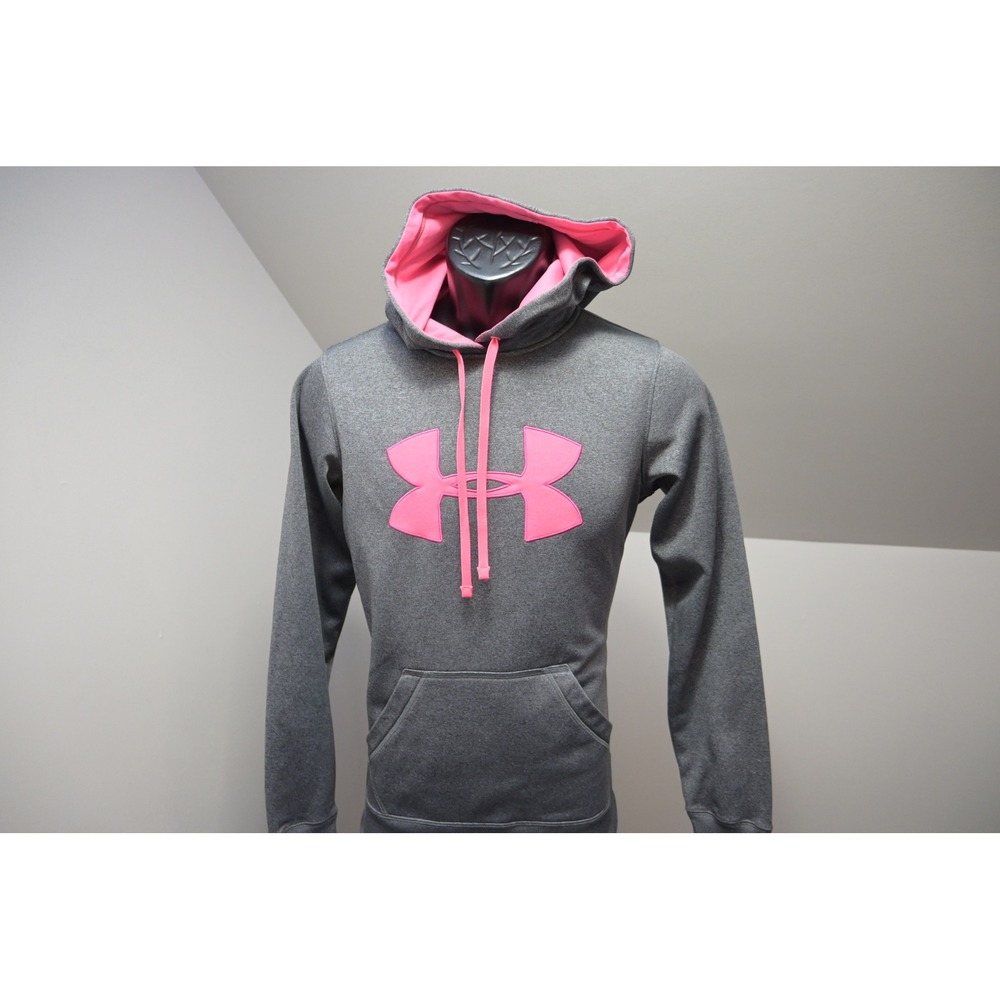 Under Armour Hoodie Women Small Gray Pink Big Logo Pullover Sweatshirt Excellent